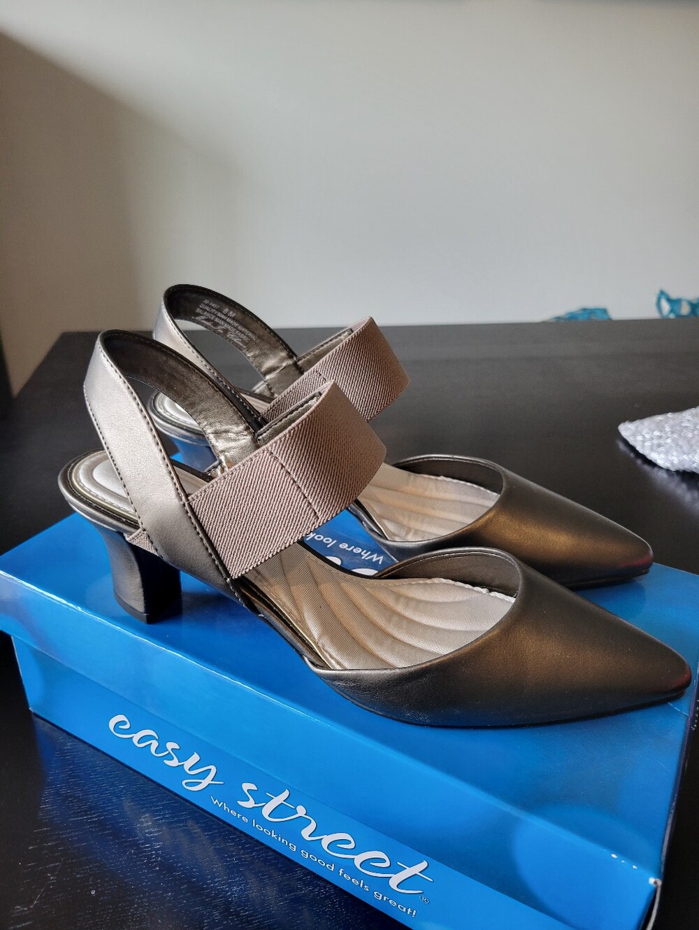 easy street Vibrant Pewter Mid Heel Slingback with Taupe Elastic Strap